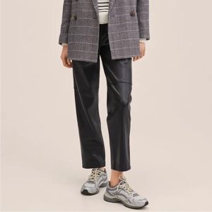 Mango Elastic Waist Faux Leather Straight Leg Trousers Green Medium